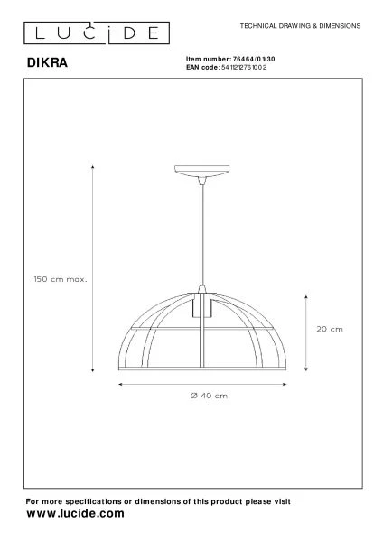 Lucide DIKRA - Hanglamp - Ø 40 cm - 1xE27 - Zwart - technisch